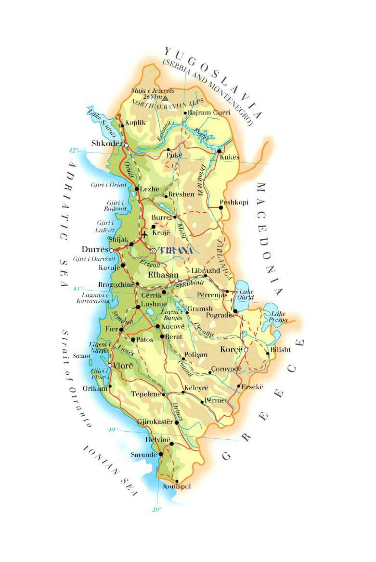 mapa ng pisikal na mapa ng Albania